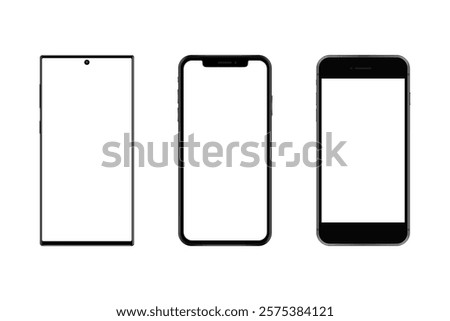 Smartphone with blank touch screen and abstract colorful wallpaper, green chroma key white background. Frameless mobile phone in front view. High quality detailed device mockup. Vector illustration