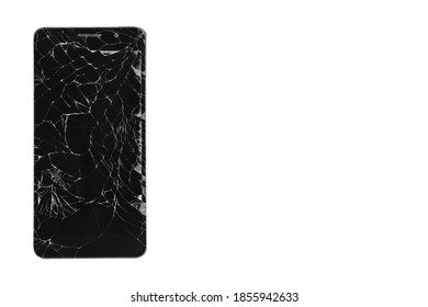 Smartphone with broken display isolated on white background. Smartphone repair. Smartphone display replacement. Copy space for the text.
