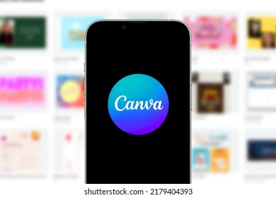                    Smartphone with Canva logo, is a simplified graphic design tools software and website. United States California July 17, 2022            