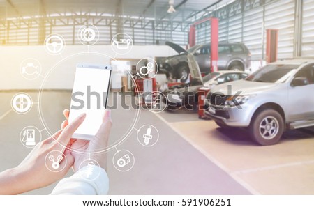 Smartphone and car service icon concept, Woman hand using smartphone.
