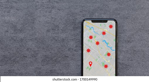 Smartphone With The Coronavirus COVID-19 Tracking App With Data Protection Showing Your Location And Infected Persons. Fight The Spread Of Coronavirus Concept.