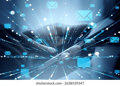 Smartphone with digital envelope icons and light trails, abstract blue background, concept of email communication and online messaging