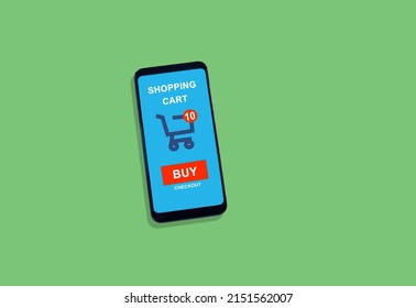 Smartphone Displaying An Online Shopping Cart With Checkout Button, With A Green Background.