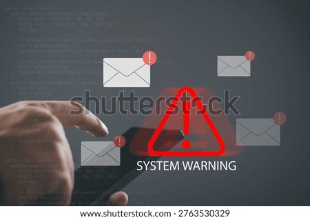 a smartphone displaying system warning alert with email notification icons, representing phishing attack, cybersecurity threat, data breach risk, spam messages, and protection of digital communication