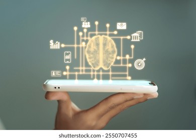 A smartphone displays a glowing brain icon and network symbols, symbolizing artificial intelligence and interconnected technologies.