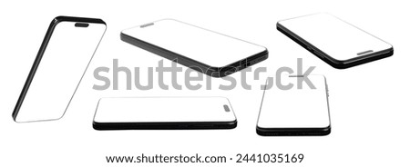 Smartphone with empty screen on white background, different angles. Mockup for design