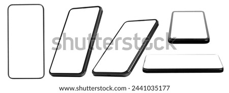 Smartphone with empty screen on white background, different angles. Mockup for design