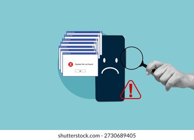 Smartphone experiencing multiple system error pop-up windows and a sad face emoji. A hand holds a magnifying glass for troubleshooting software bugs, malware, or technical issues
