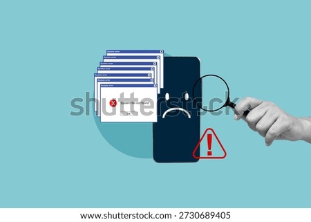 Smartphone experiencing multiple system error pop-up windows and a sad face emoji. A hand holds a magnifying glass for troubleshooting software bugs, malware, or technical issues