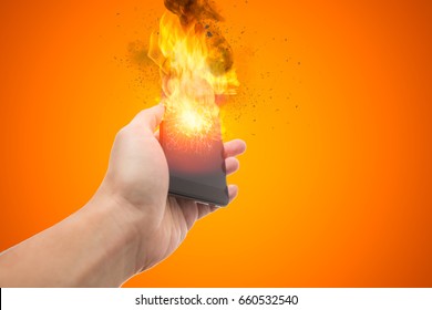 smartphone explosion, blow up cellphone battery or explosive mobile phone or explode burst fire burn out smart device with dispersion effect.