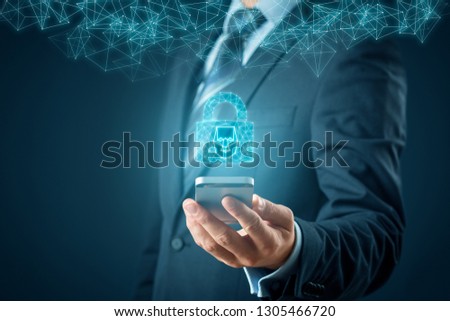 Smartphone face detection and identification (ID) concept. Polygons padlock with face is metaphor of unlocking smart phone via face identification.
