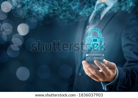 Smartphone face detection and identification (ID) concept. Polygons padlock with face is metaphor of unlocking smart phone via face identification.