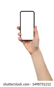 Smartphone in weiblicher Hand, einzeln auf weißem Hintergrund