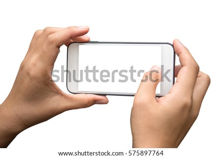 Smartphone in female hands taking photo isolated on white, clipping path included