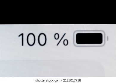 Smartphone Full Charged Pixel Battery Level Indicator - One Hundred, 100 Percent: Close Up Macro View Of Gadget Display, Screen. Energy, Technology, Power, Digital And Symbol Concept