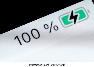 Smartphone Full Charged Pixel Battery Level Indicator - Charging Process - One Hundred, 100 Percent: Close Up Macro View Of Gadget Display, Screen. Energy, Technology, Power, Digital, Symbol Concept