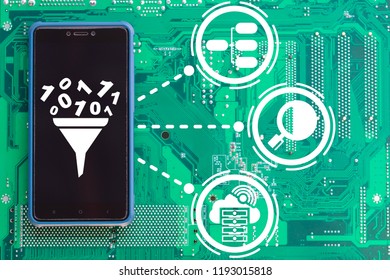 Smartphone with a funnel and numbers zero one icon on a green circuit board. Binary Info Filter. Digital data sorting filtering mobile app concept. - Powered by Shutterstock