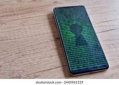 Smartphone with glowing binary code and keyhole on the screen. Copy space for text. Cyber security concept.