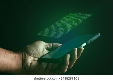 Smartphone with glowing computer binary code and keyhole. Cyber security concept.