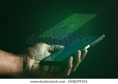Smartphone with glowing computer binary code and keyhole. Cyber security concept.