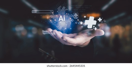 A smartphone with a glowing plus sign interface symbolizes a profitable business boosted by AI, featuring a chip, search bar, and scanning elements, representing AI-driven digital technology.