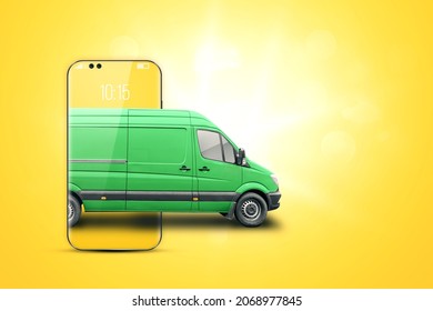 Smartphone And Green Minibus On A Yellow Background. Delivery Concept, Online Ordering, Phone Application, Moving. Delivery By Car To Anywhere