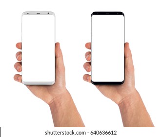 Smartphone In Hand, Bezel Less Modern Design. Black And White Version