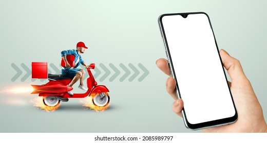 Smartphone in hand and fast delivery man on a red scooter. Delivery concept, online order, food delivery, last mile, banner, template - Shutterstock ID 2085989797