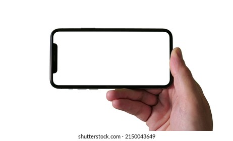Smartphone with hand isolated on white background - Shutterstock ID 2150043649