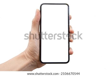 A smartphone is held with the left hand. Suitable for use with any new application, website, advertisement, or design. isolated white background.