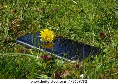 Smartphone laid down in the grass, covered with a yellow dandelion flower