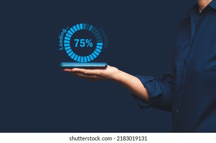 A smartphone loading and processing data on a virtual screen. Software progress loading bar. Data and application management system on a mobile phone