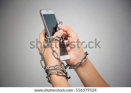 smartphone with lock chain on a white background. Concept of  Social Disease