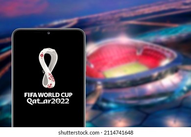 Smartphone with the logo of the FIFA Soccer World Cup Qatar 2022 of the Men's Soccer World Cup organized by FIFA. United States New York January 29, 2022
