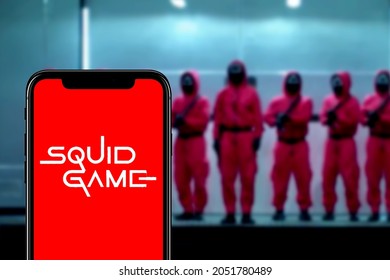 Smartphone with the logo of "The Squid Game" (Hangul: 오징어 게임; RR: Ojingeo Geim, English: Squid Game) is a South Korean television series, United States October 3, 2021
