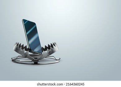 Smartphone in a metal bear trap, close-up. The concept of addiction, nomophobia, social networks, internet, technology, disease of the 21st century, 3D render, 3D illustration