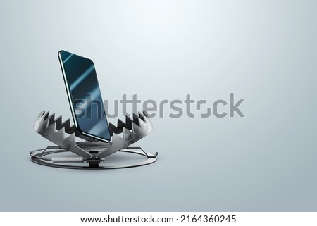Smartphone in a metal bear trap, close-up. The concept of addiction, nomophobia, social networks, internet, technology, disease of the 21st century, 3D render, 3D illustration
