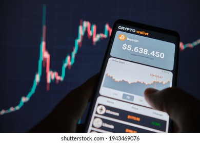 Smartphone with mobile application cryptocurrency wallet. A man analyzes the price chart for bitcoin in a mobile application. The concept of cryptocurrency trading 