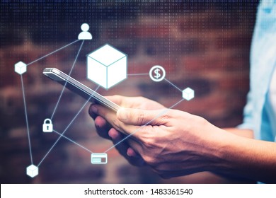 Smartphone mobile application transaction innovation transform blockchain technology online bitcoin banking exchange. Safe trust with fintech shopping efficiency security crypto digital smart contract
