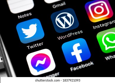 Smartphone With Mobile Apps (Twitter, WordPress, Facebook, Instagram) On The Screen. WordPress - Open Source Site Content Management System. Moscow, Russia - August 15, 2020