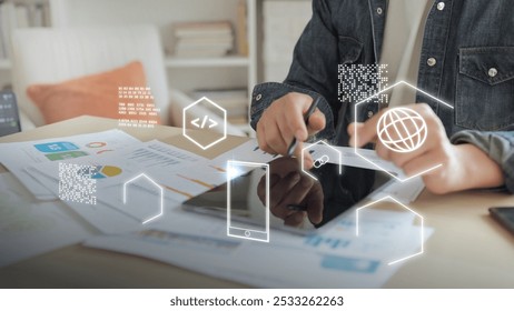 Smartphone mobile tablet technology, freelancer digital nomad side hustle work from home. Online network internet wireless cybersecurity. 