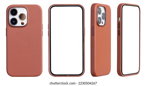 Smartphone mockup blank screen or Mobile phone in brown leather case isolated with clipping path on white background 