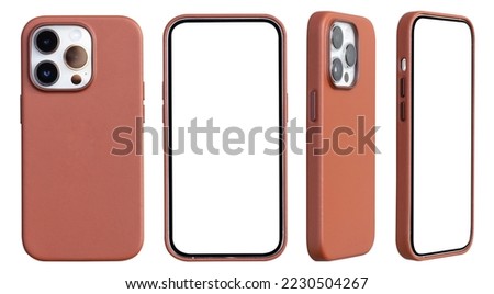 Smartphone mockup blank screen or Mobile phone in brown leather case isolated with clipping path on white background 