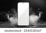 smartphone mockup . cell phone blank white screen mockup marketing business,technology on a dark background Dramatic smoke or fog effect .Abstract smoke Product showcase with spotlight. Black studio 