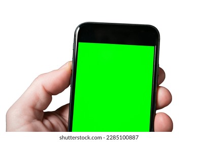 Smartphone mockup with green screen display. Hand with smartphone. A man holding a mobile phone isolated on white background - Powered by Shutterstock