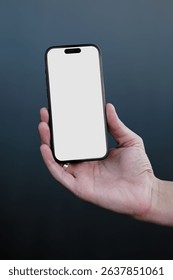 Smartphone Mockup in Hand, Minimal Mobile UI Showcase on Dark Blue Wall Background. High quality photo