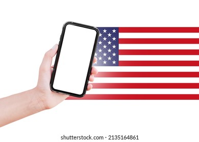 Smartphone With Mockup In Hand On Background Of White And American Flag.