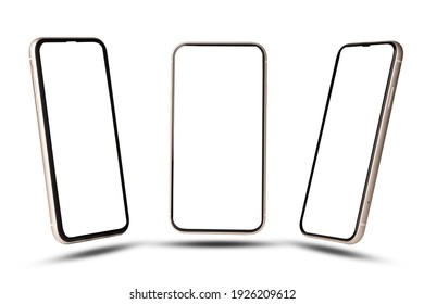 Smartphone mockup , Isolated of Three angles mobile phone with blank screen frame template on white background.
