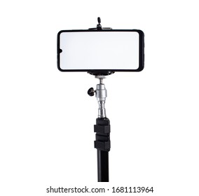 Smartphone Mounted On A Tripod In A Horizontal Position On A White Isolated Background.