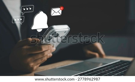 Smartphone notification alert with message, chat bubbles, and email icon. Mobile app communication, push notification system, social messaging, and real time user engagement in digital interface.